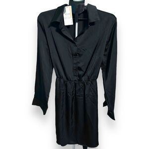 NWT Women's Black Long-Sleeve Shirt Dress Bow Detail Knee Length XL